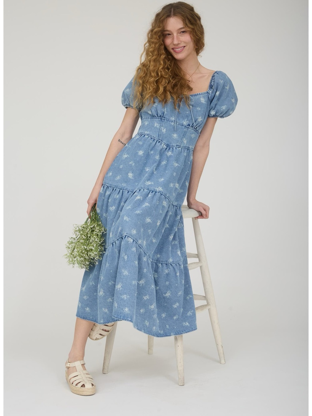 August Sky Floral Denim Midi Dress Puff Sleeve Tiered Blue, Sizes S and M